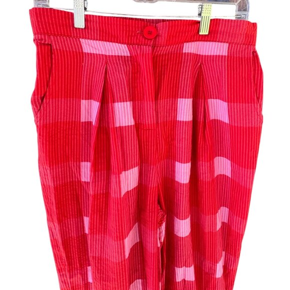 Anthropologie Porridge Womens Medium Red & Pink Plaid Wide-Leg Pants 100% Cotton - Picture 6 of 14